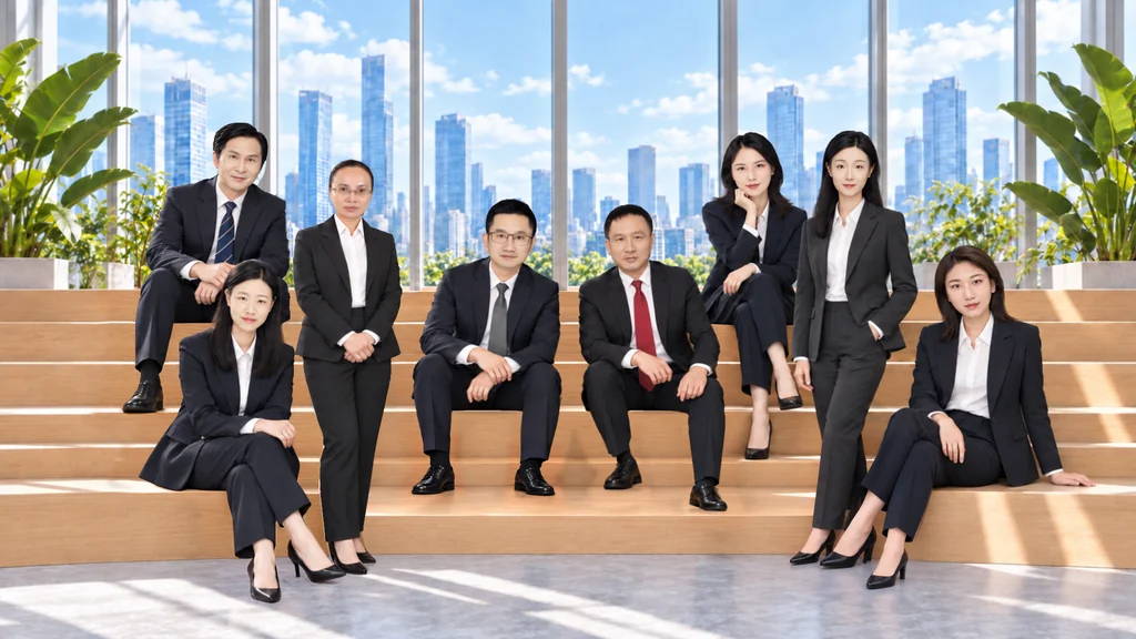 知红绿八人团队木阶梯合影
